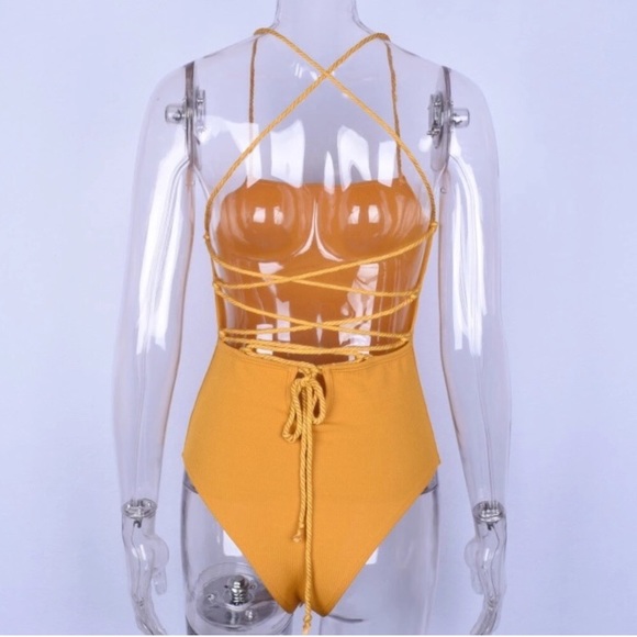 Mustard Ribbed Open Back Lace Up Bodysuit - Picture 8 of 8